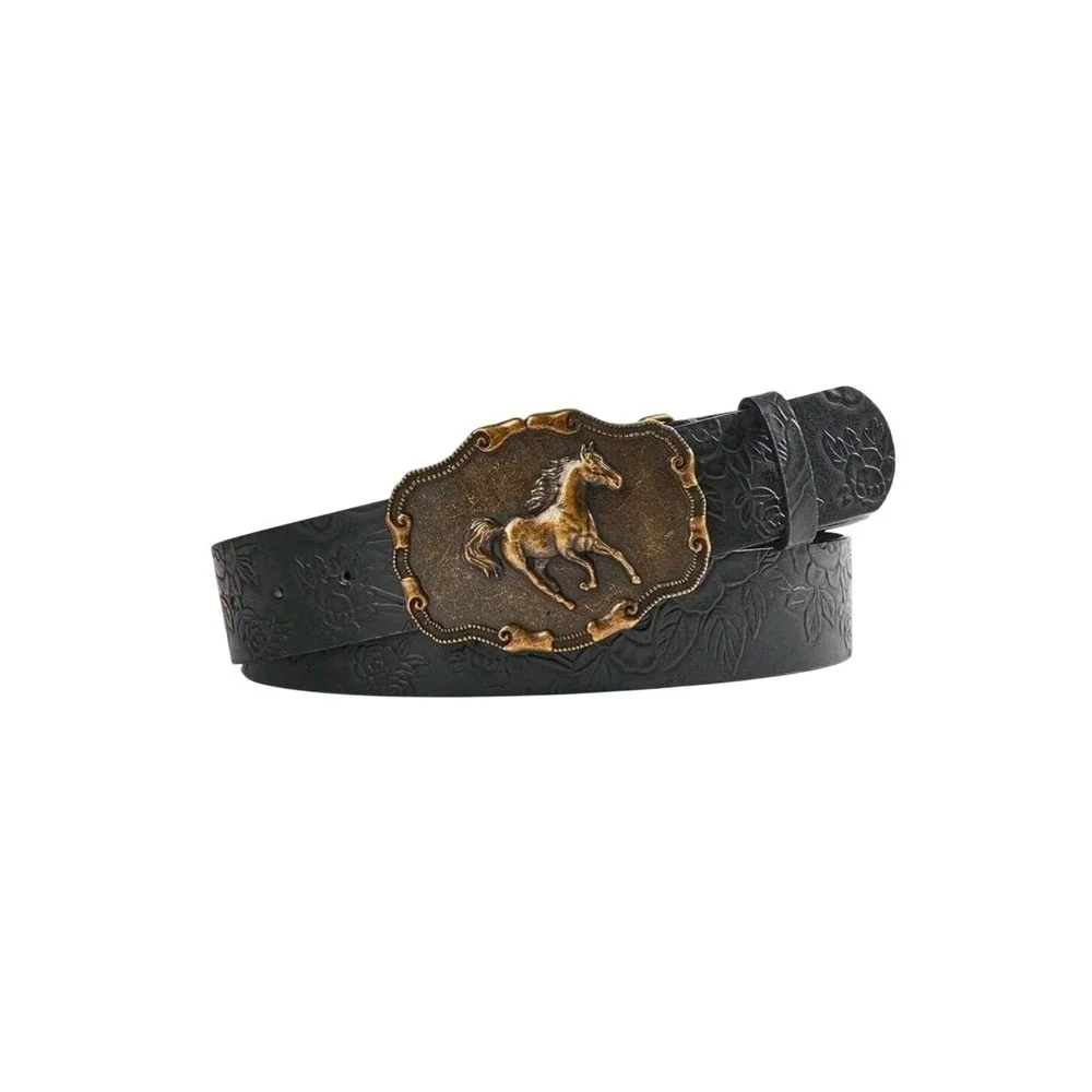 Womens Western Black Floral Embossed Belt Bronze‎ Horse Buckle Cowboy 44 inches